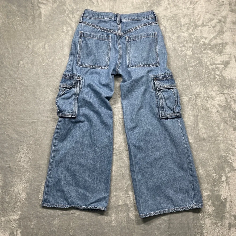 Old Navy Cargo Jeans Kids Size 12 Blue High‎ Rise Baggy Built-In Tough Wide Leg